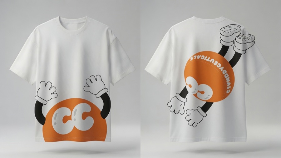 White tee with the mascot peeking from the hem