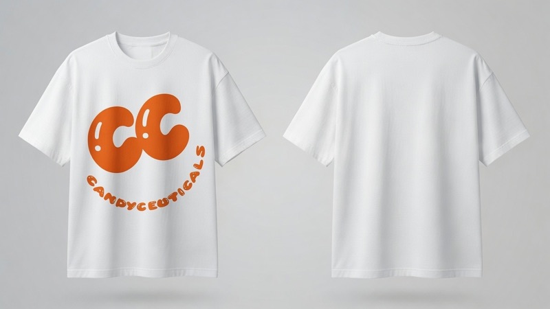 White tee with the orange CC wordmark